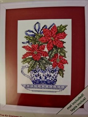 Vintage Weekenders Poinsettia Teacup Cross Stitch SEALED Kit Christmas Art Decor